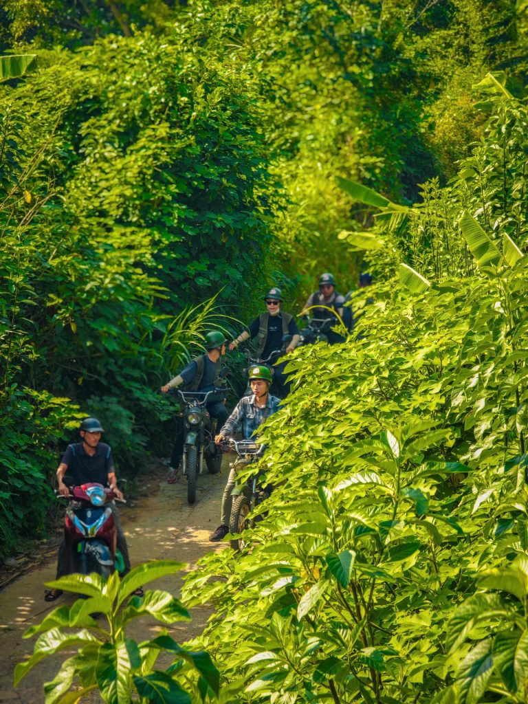 "Vintage Minsk motorcycles riding through Hanoi banana island"